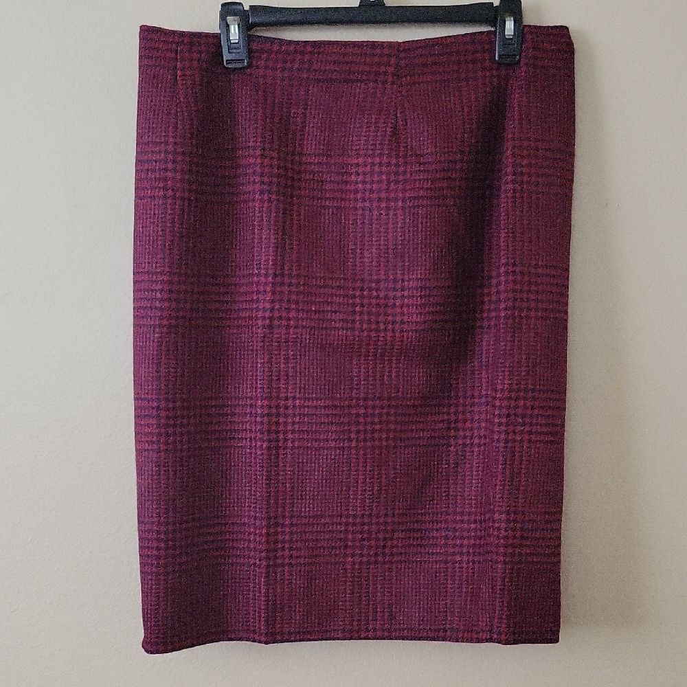 Hobbs London Red Black Houndstooth 100% Wool Midi Pencil Skirt